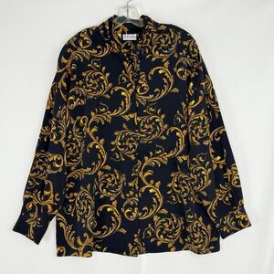 Vintage Rafaella Blouse 18 Black Gold Baroque Long Sleeve Removable Pads Women’s